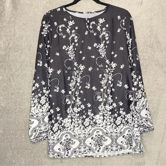 Amazon 2X Top Shirt Black Floral Round Neck Keyhole Long Sleeve Casual P7 - Picture 1 of 5